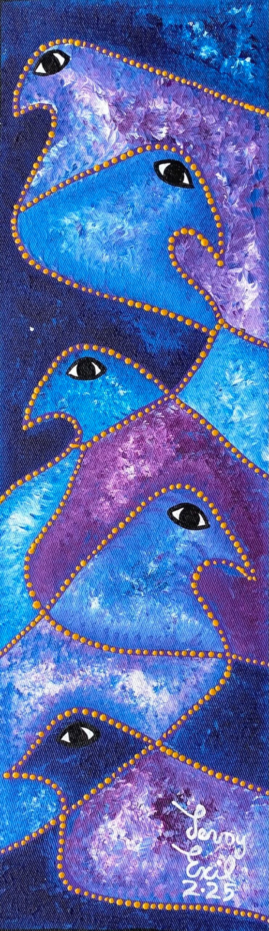 Approved Foksou artwork by Levoy Exil, with layered blue and violet forms outlined by amber dots