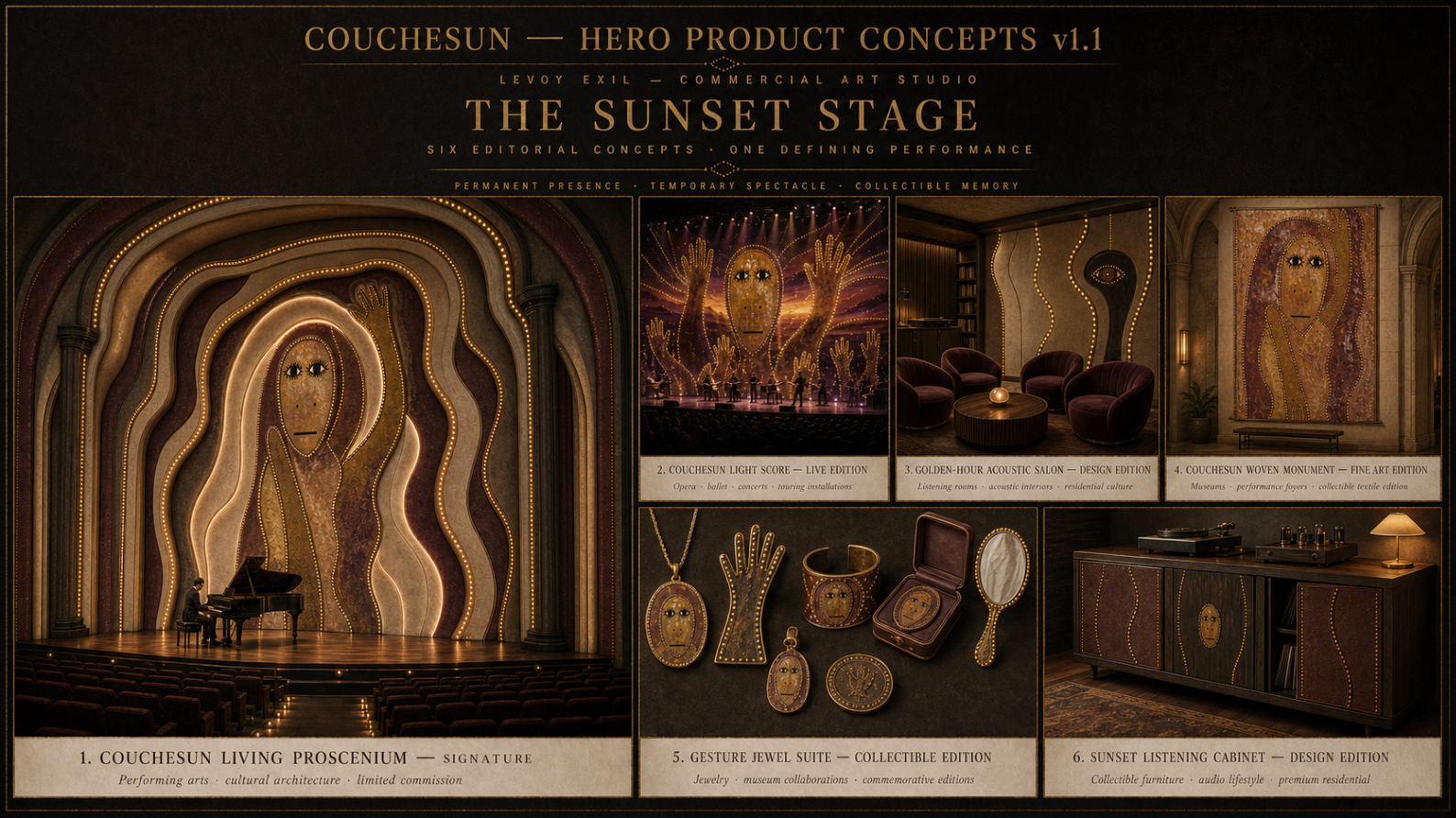 Full approved Couchesun Hero Product Concepts board showing Living Proscenium applications