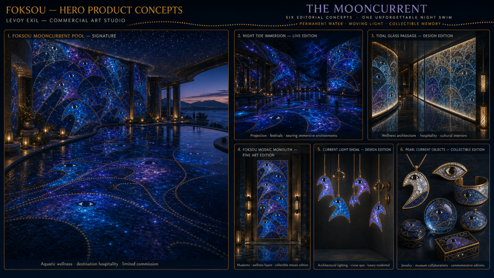 Full approved Foksou Hero Product Concepts board showing Mooncurrent Pool applications